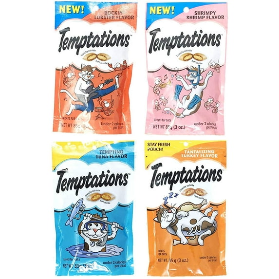Temptations Cat Treats Variety Pack Bundle of 4 Flavor Pouches (Rockin? Lobster, Shrimpy Shrimp, Tempting Tuna, Tantalizing Turkey; 3 oz Each)