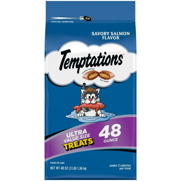 Temptations Classic Savory Salmon Flavor Crunchy And Soft Treats For Cats, 48 Oz Tub
