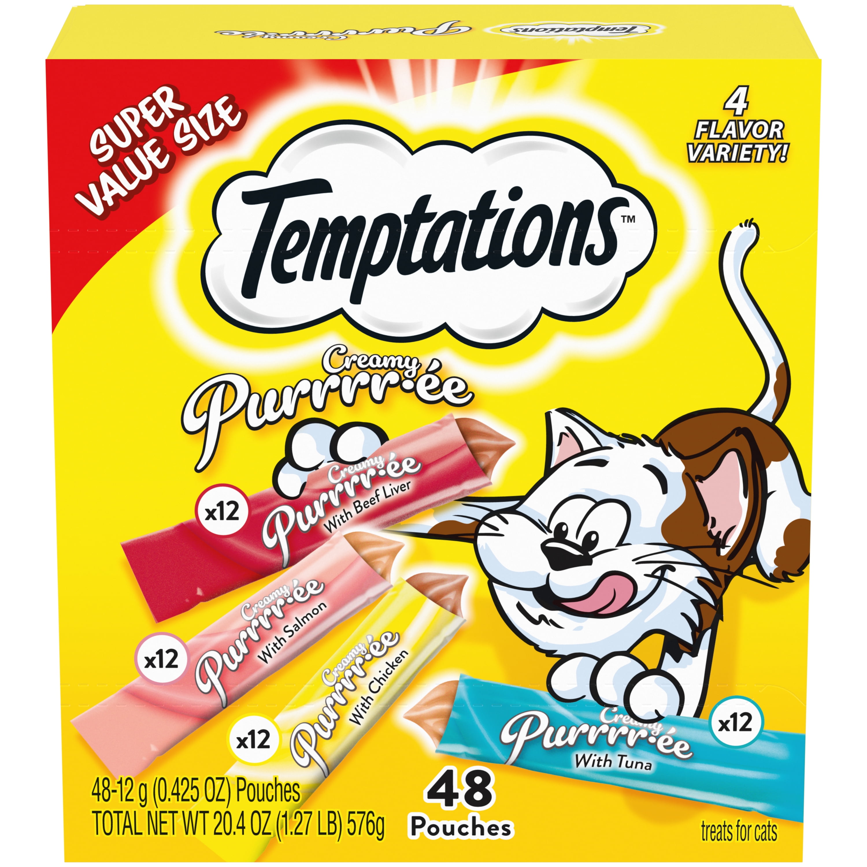 Temptations Creamy Puree With Beef Liver, Salmon, Chicken, And Tuna Variety Pack Of Lickable WetCat Treats