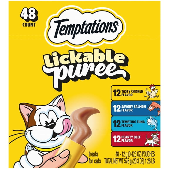 Temptations Creamy Puree with Beef Liver, Salmon, Chicken, And Tuna Variety Pack of Lickable Cat Treats