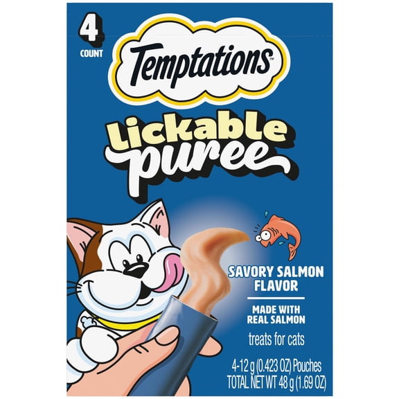 Temptations Creamy Puree Salmon Flavor Lickable Cat Treats, 0.42 oz Pouch (4 Pack)