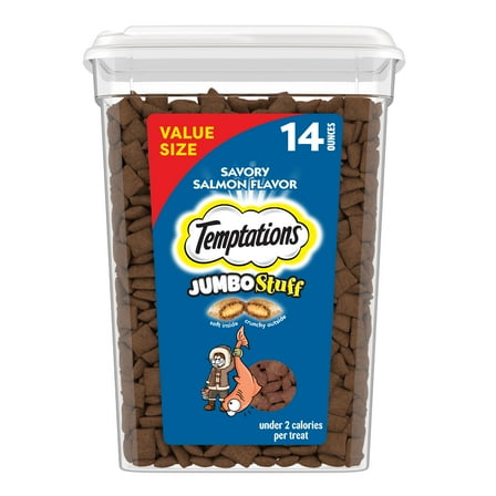 Temptations Jumbo Stuff Savory Salmon Flavor Crunchy And Soft Treats For Cats, 14 Oz Tub