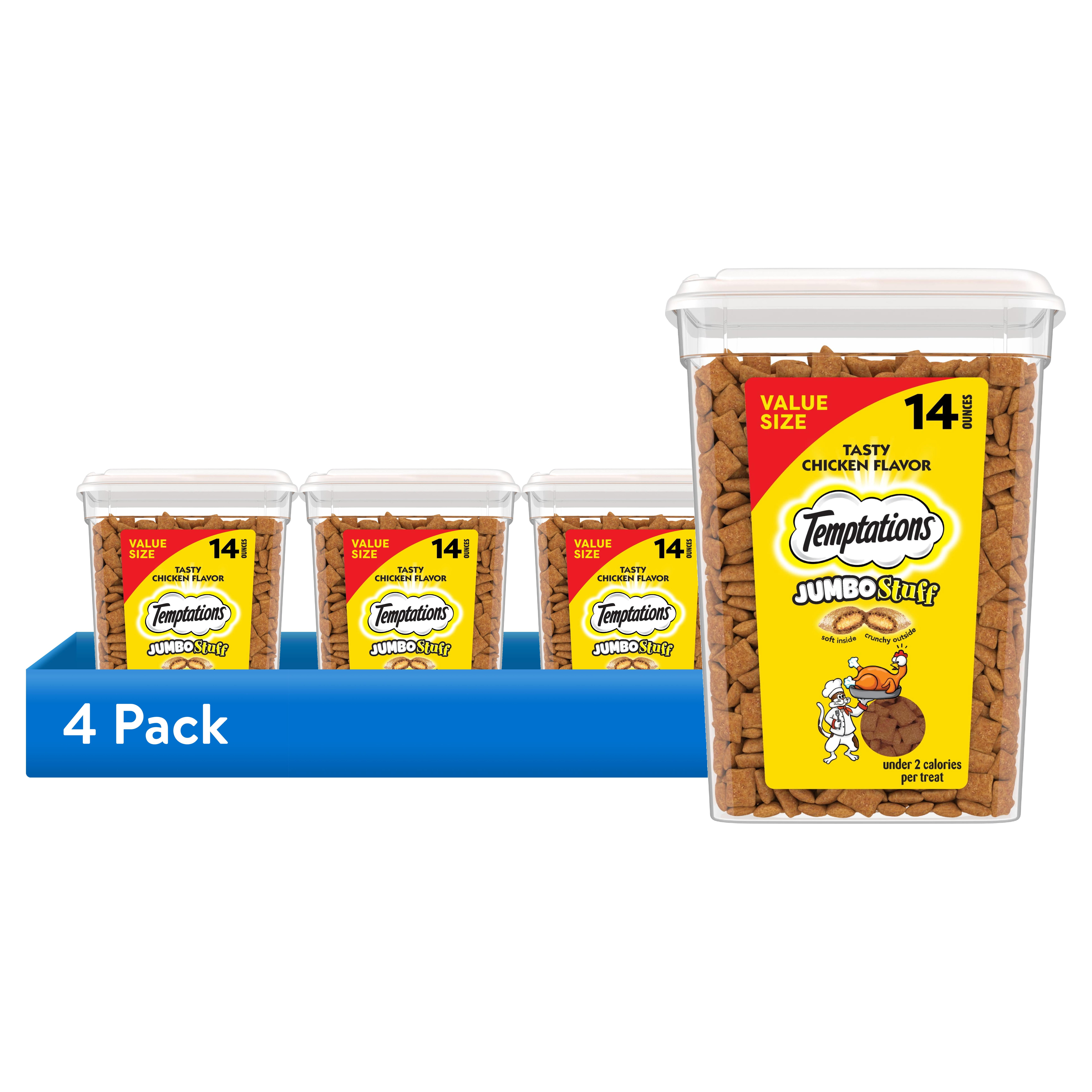 (4 pack) Temptations Jumbo Stuff Tasty Chicken Flavor Crunchy And Soft Treats For Cats, 14 Oz Tub