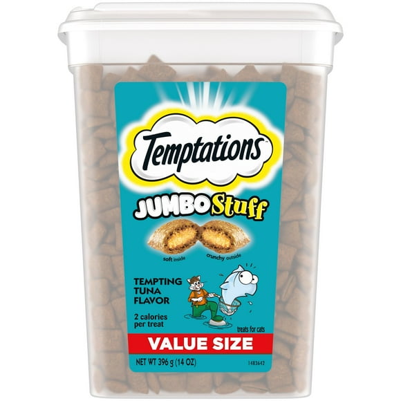 Temptations Jumbo Stuff Tempting Tuna Flavor Crunchy and Soft Dry Cat Treats, 14 oz Tub