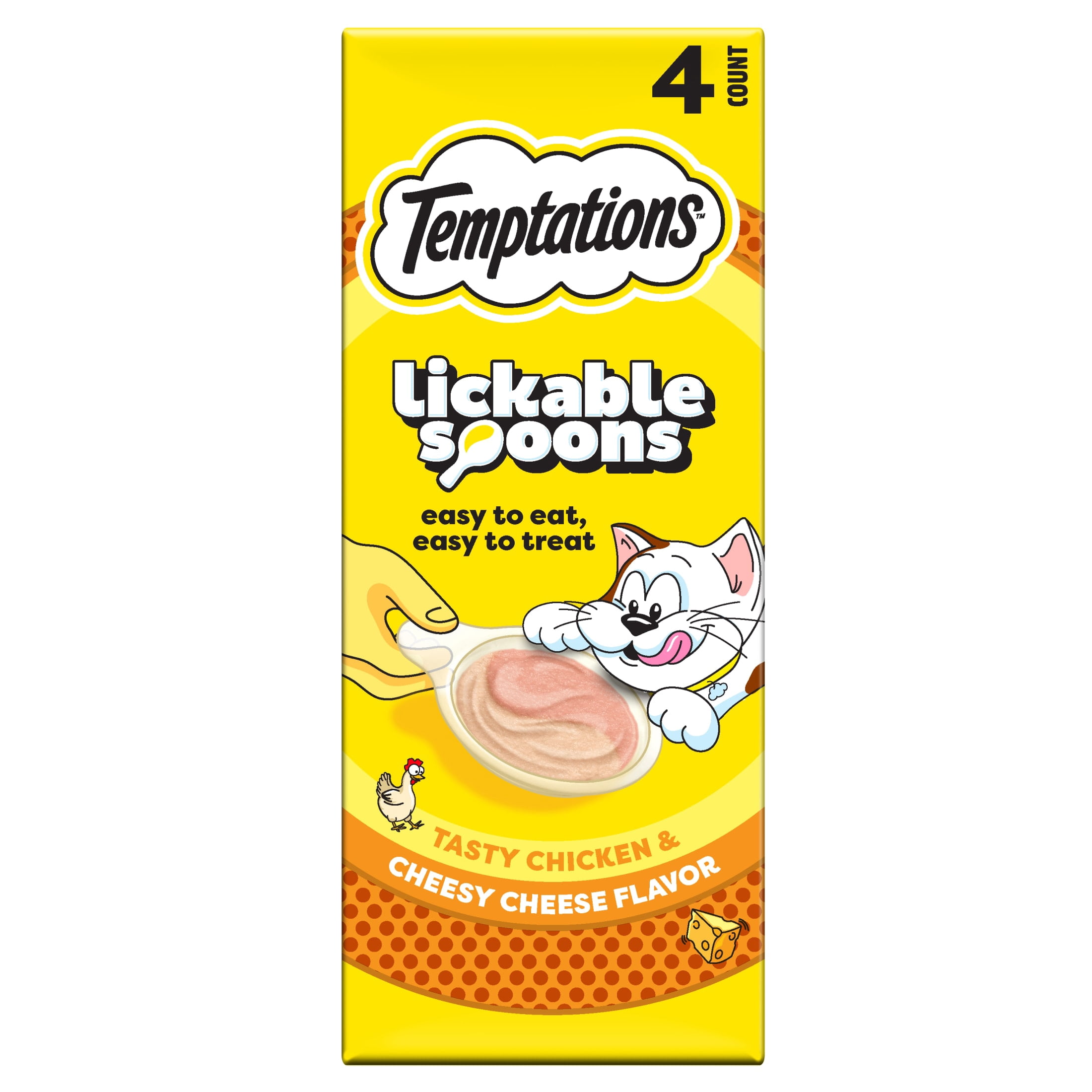 Temptations Lickable Spoons Wet Cat Treat, Tasty Chicken and Cheesy Cheese, 10 Grams, Pack of 4