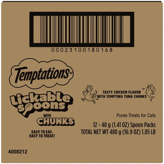 TEMPTATIONS Lickable Spoons with Meaty Inclusions Tasty Chicken with Tempting Tuna Chunks 4ct
