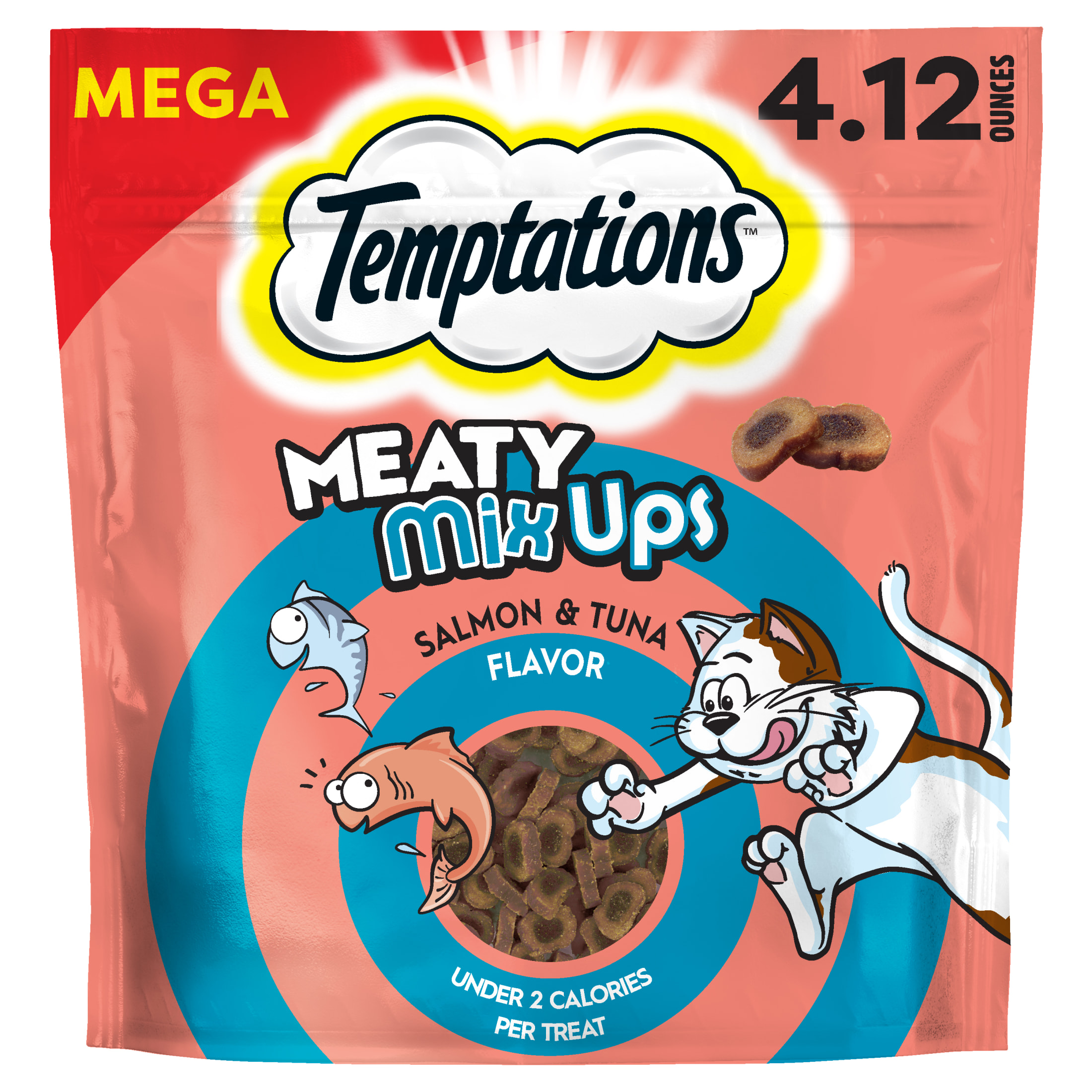Temptations Meaty MixUps Salmon and Tuna Crunchy and Soft Cat Treats for Adult Cats, 4.12 oz Pouch
