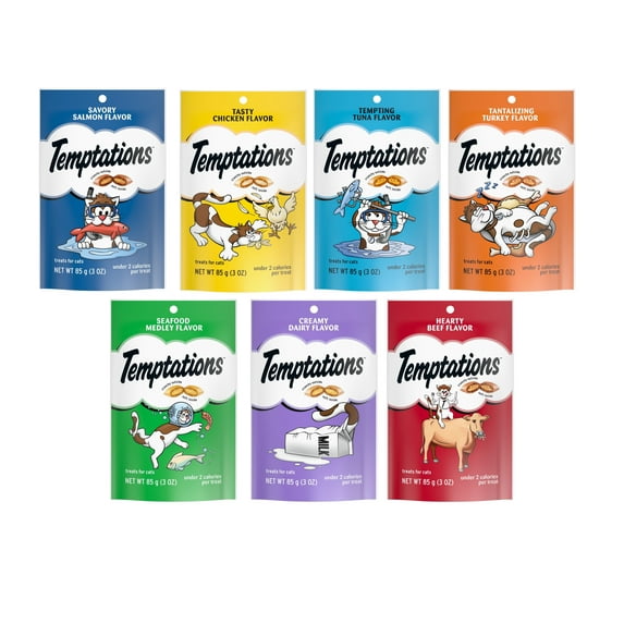 Temptations Treats for Cats.7 Flavors: Tantalizing Turkey, Chicken, Hearty Beef, Tuna, Creamy, Savory Salmon, Seafood Medley 3 oz