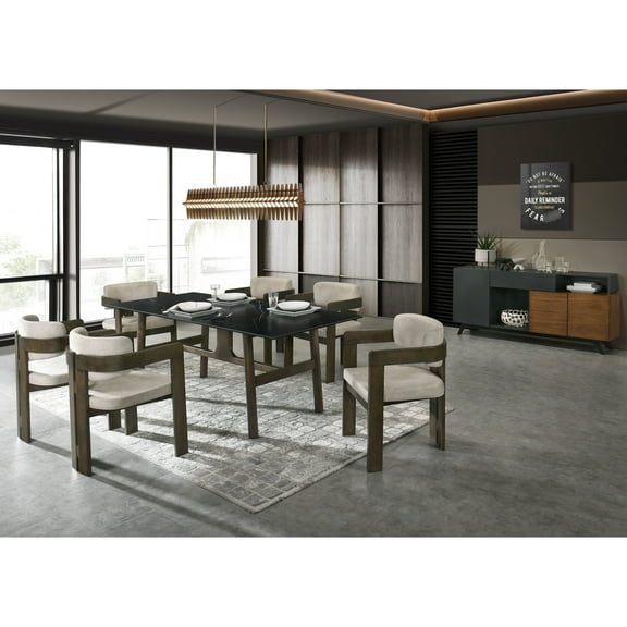 Tempting Dining Table - Sintered Stone, Ceramic, Walnut Leg Modern Appeal Synthetic Wood With Tempered Glass