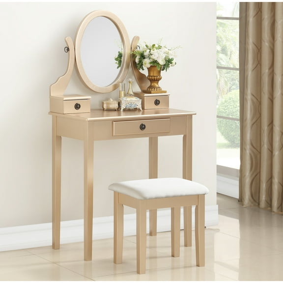 Tempting Gold Makeup Vanity Table And Stool, 3 Drawers, Adjustable Mirror Flashing Storage Oval