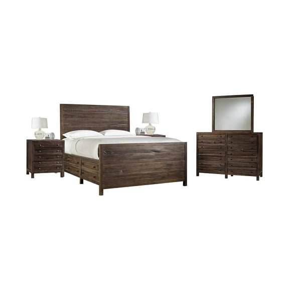 Tempton 5PC E King Storage Bed, 2 Nightstand, Dresser & Mirror Set in Coffee Brown