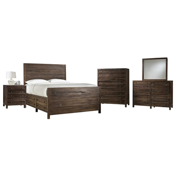 Tempton 5PC E King Storage Bed, Nightstand, Dresser, Mirror & Chest Set in Coffee Brown