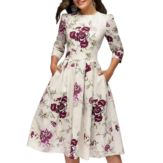 Tempura Women's Floral Midi Dress with Pockets Ladies' Vintage Elegant Evening Dress Cocktail Dress White M