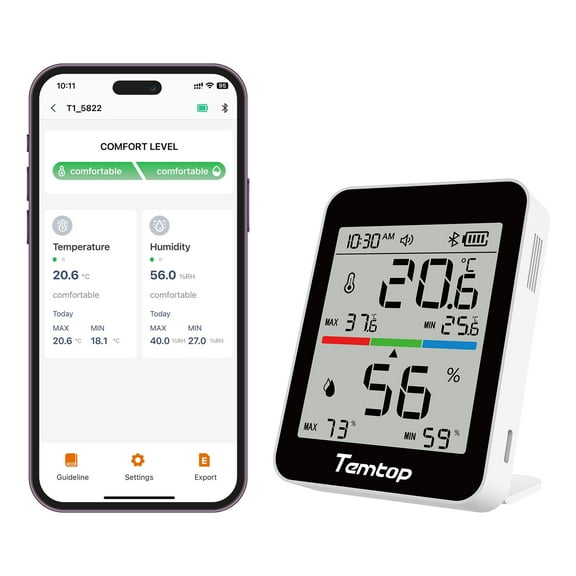 Temtop Humidity Meter T1, Indoor Thermometer for Room Temperature, Bluetooth Hygrometer with Notification Alerts
