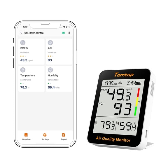 Temtop S1+ Smart Air Quality Monitor - Indoor Air Quality Meter with PM2.5, AQI, Temperature, and Humidity Detector for Home, Office, or School, App Connectivity, 60-Day Battery Life