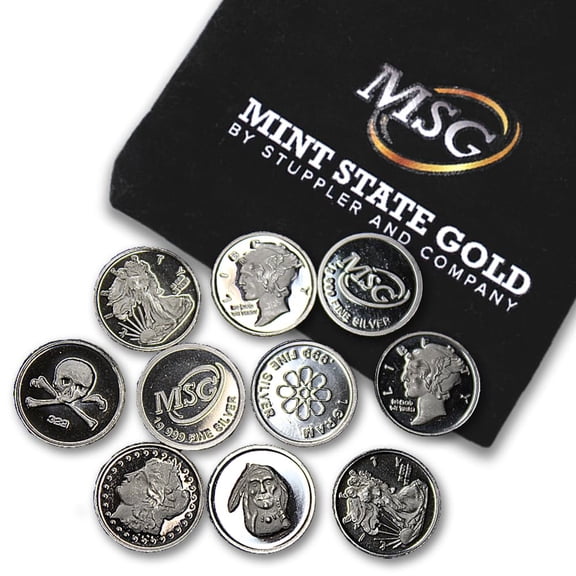 Ten (10) One Gram .999 Fine Silver Rounds with Random Design in Jewelry Bag