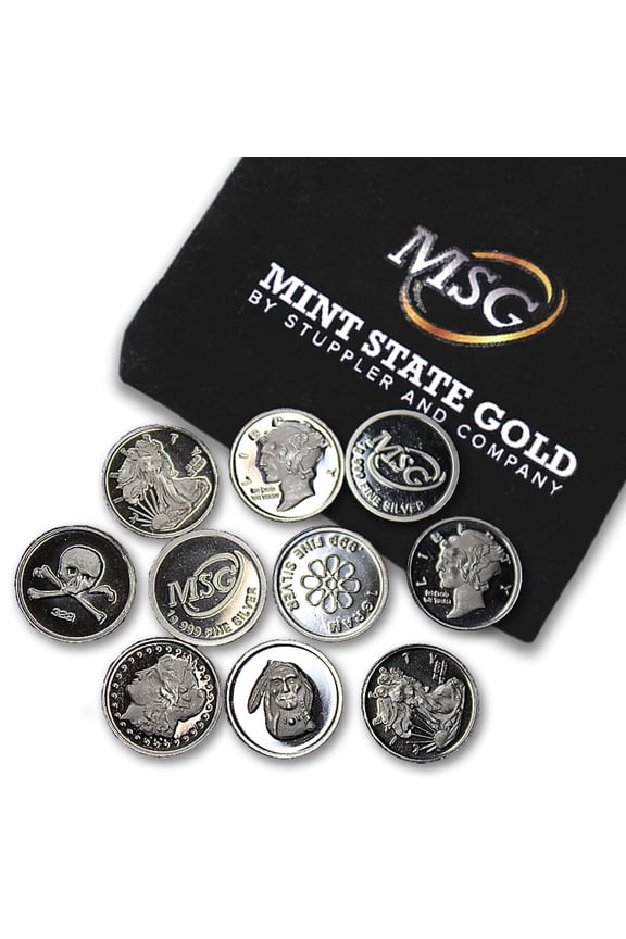 Ten (10) One Gram .999 Fine Silver Rounds with Random Design in Jewelry Bag