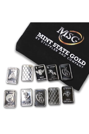 Ten (10) One Gram .999 Pure Silver Bars with Random Designs in a Jewelry Pouch by Mint State Gold