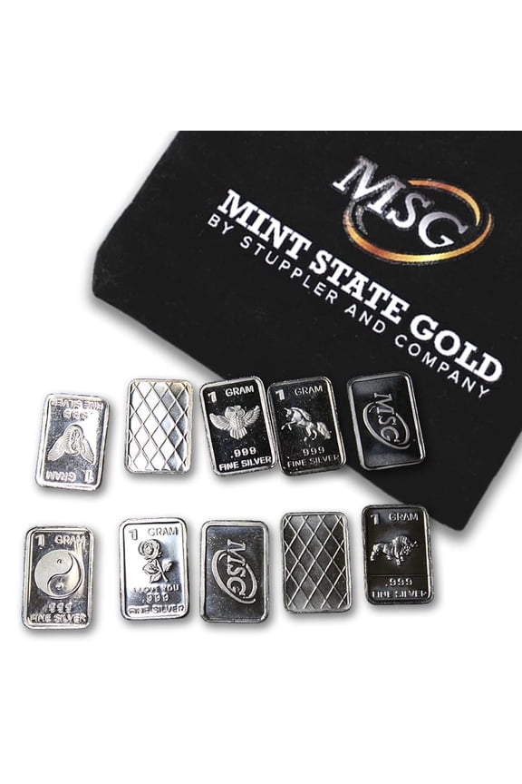 Ten (10) One Gram .999 Pure Silver Bars with Random Designs in a Jewelry Pouch by Mint State Gold