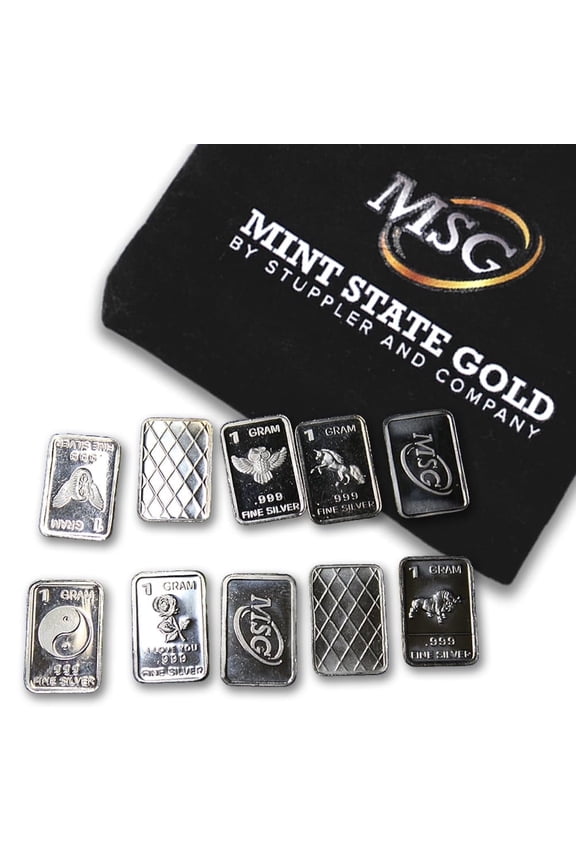 Ten (10) One Gram .999 Pure Silver Bars with Random Designs in a Jewelry Pouch (Made in China)