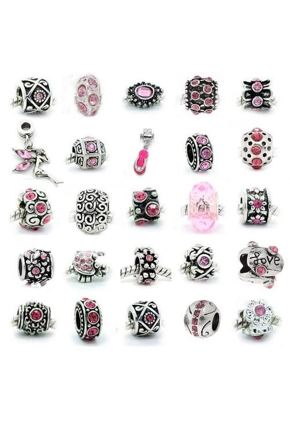Silver Base Assorted Metal Beads Charms Spacers Pink Crystal Rhinestone, Zinc Alloy,10 Pcs