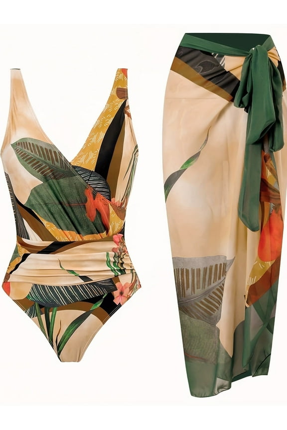 Women's Tropical Print One Piece Swimsuit with Cover up Beach Skirt Sarong Two Piece Floral Printed V Neck Tummy Control High Cut Monokini Swimsuit Bathing Suit Women's Swimwear.
