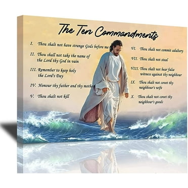 The Ten Commandments 10 Commandments Wall Art Christ Jesus Walking on the Sea Wall Decor Christ Bible Framed Artwork for Religious Church Prayer Room Bedroom Living Room Home Decor 16"X12"