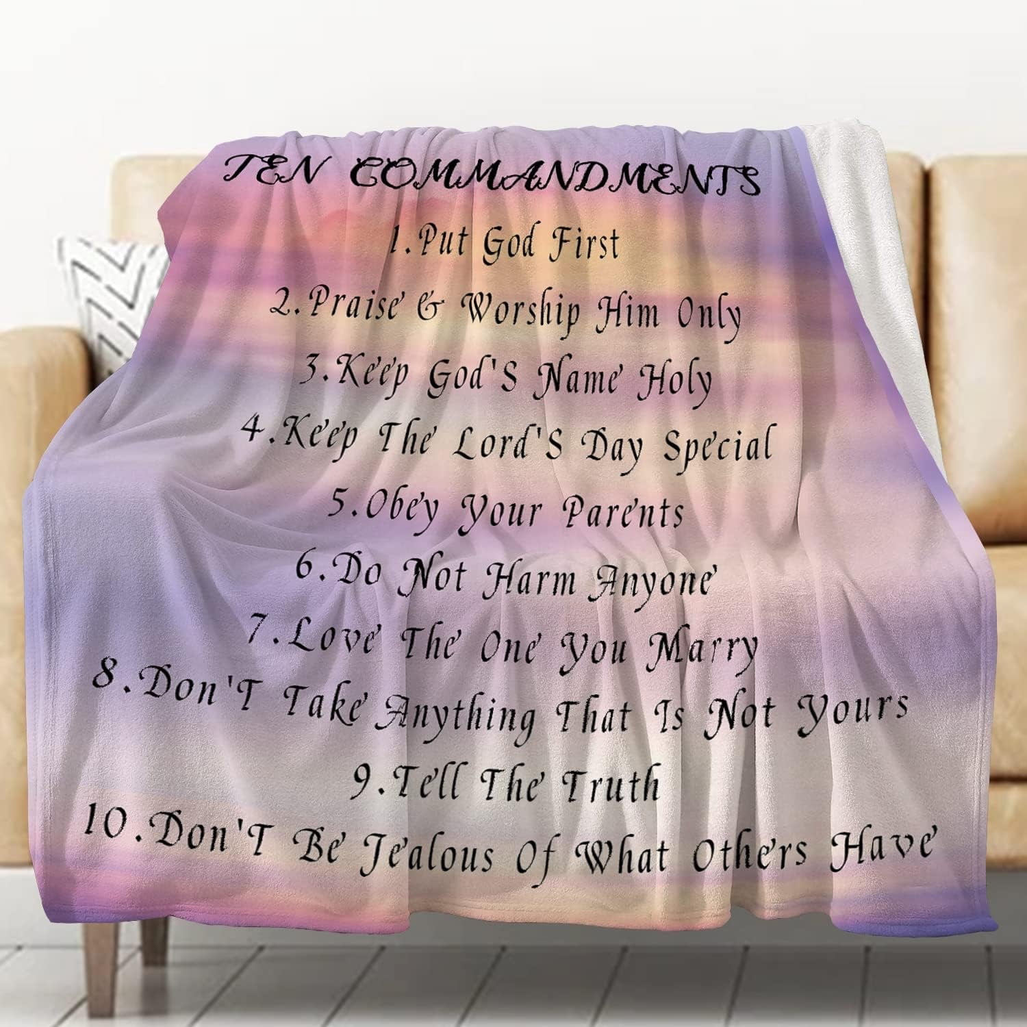 Ten Commandments Blanket Bible Verse Throw Blanket Christian Gift Blanket Inspirational Spiritual Gifts for Women Cozy Purple Flannel Throws Gifts for Girls Ladies Friends 50x60 Inch