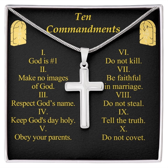 Ten Commandments Cross Card Necklace w Stainless Steel Pendant