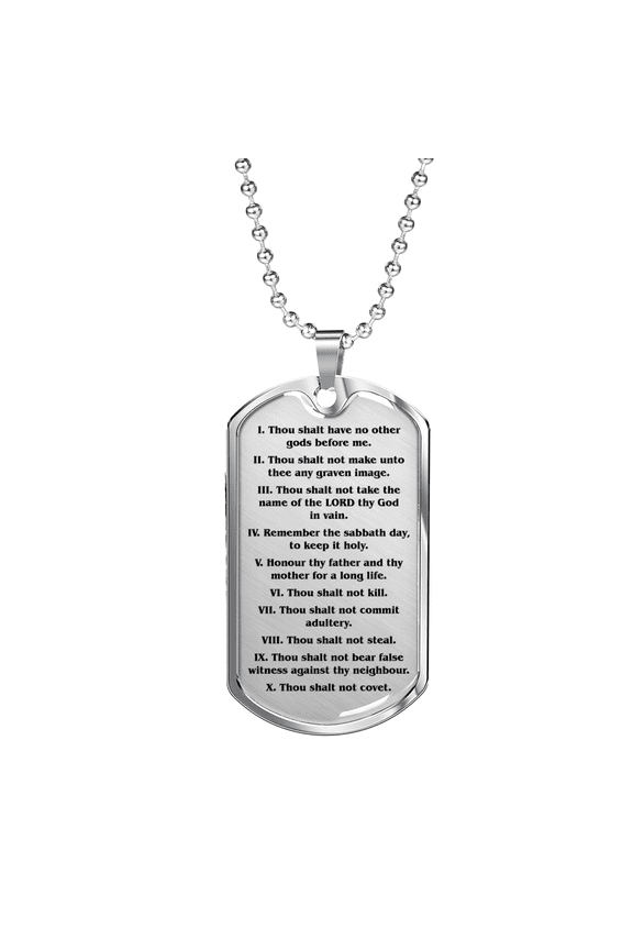 Ten Commandments English Clear Dog Tag Necklace Stainless Steel 24" Chain Silver Tone or Gold Tone