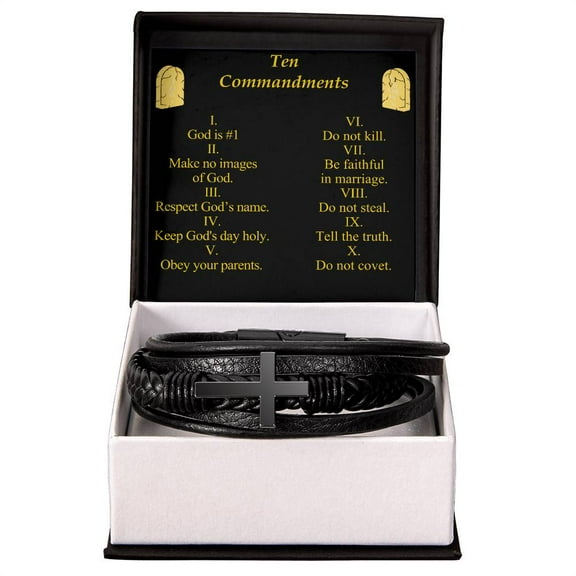 Ten Commandments Men's Stainless Steel & Vegan Leather Cross Bracelet - Vegan Leather with Stainless Steel