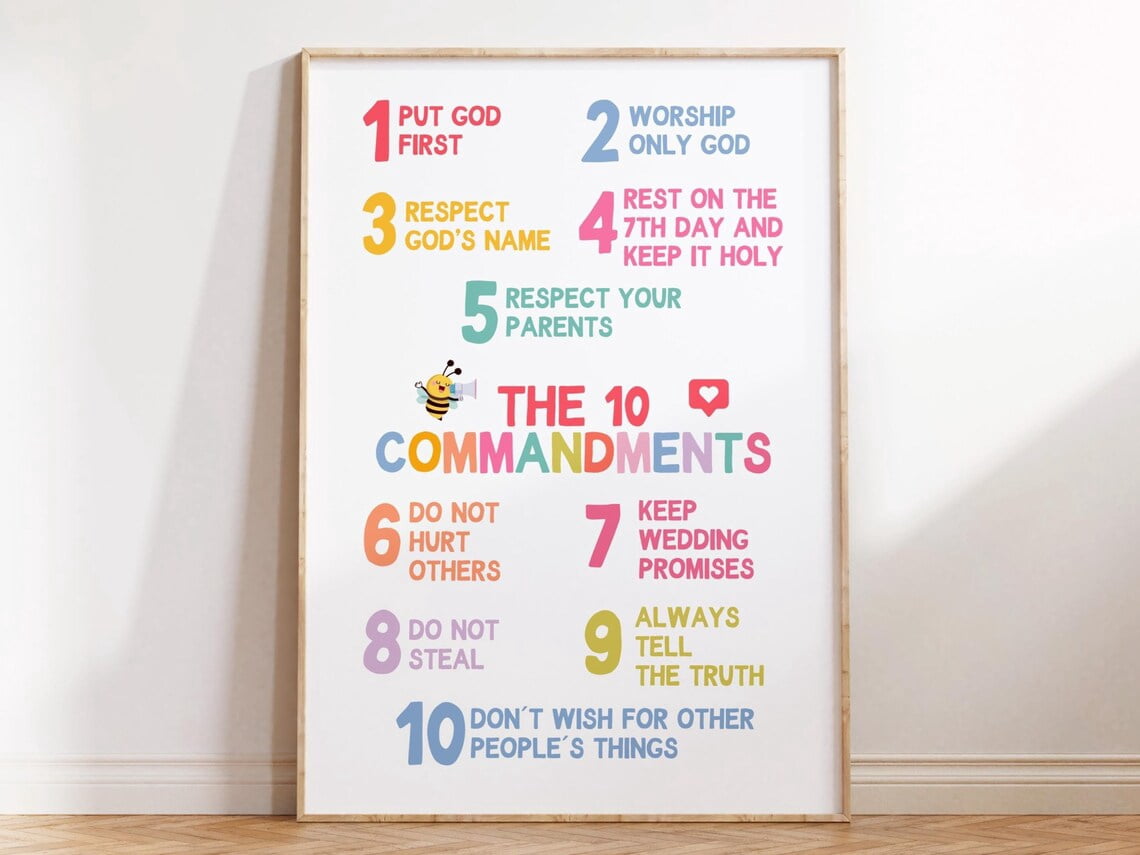 Ten Commandments Poster Colorful Children Bible Verse Ministry Rainbow ...
