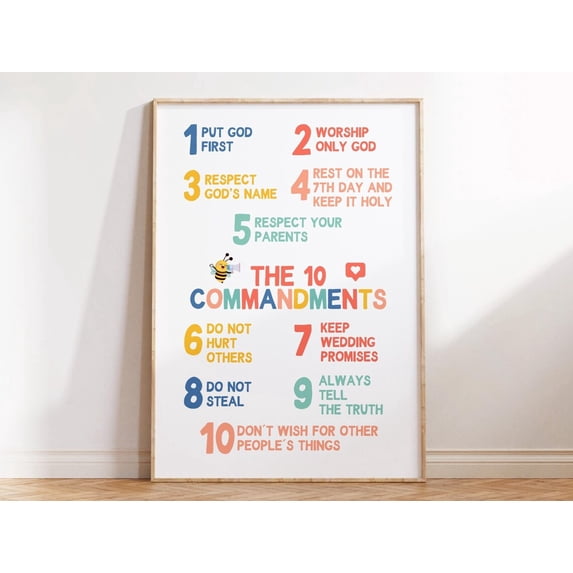 Ten Commandments Poster Colorful Children Bible Wall Art Primary Colors, Unframed Paper Poster 24x36in