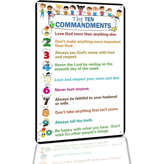 Ten Commandments Religious Wall Decor Aluminum Metal Tin Sign, Bible Art Poster for Classroom or Home, 8 x 12 Inch