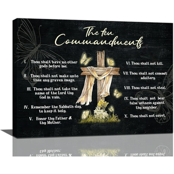 The Ten Commandments Wall Art 10 Commandments Cross Butterfly Bible Verse Christian Scripture Pictures Wall Decor Canvas Painting Prints Artwork Framed for Church Bedroom Bathroom Kitchen 16"x12"