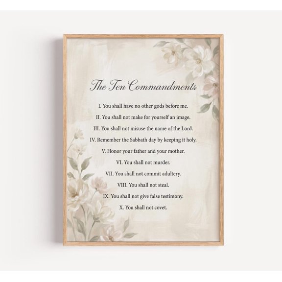 Ten Commandments Wall Art Beige Floral Christian Scripture