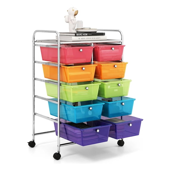 Ten-Drawer Rolling Storage Cart, Art Craft Organizer on Wheels, Multipurpose Movable Utility Cart for School Office and Home, Rainbow Design