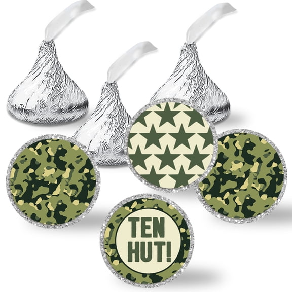 Ten Hut Army Birthday Camouflage Chocolate Kiss Stickers 324 Count, 0.75 Inch Round Party Candy Labels, 3 Sheets of Coordinating Designs, Made in USA by Amanda Creation