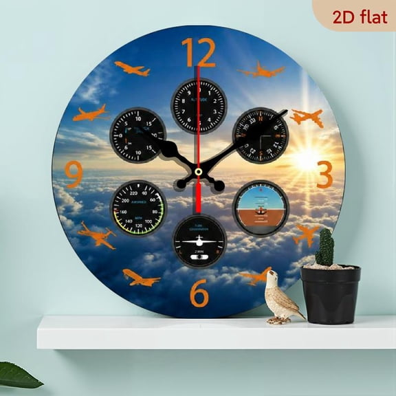 Ten Inch Aviation Flight Instrument Wall Clock - Quiet Contemporary Design with Airplane Gauges, Wooden Circular Clock Perfect for Aviation Decor Home, Office, Cabin, Classroom - Birthday & H