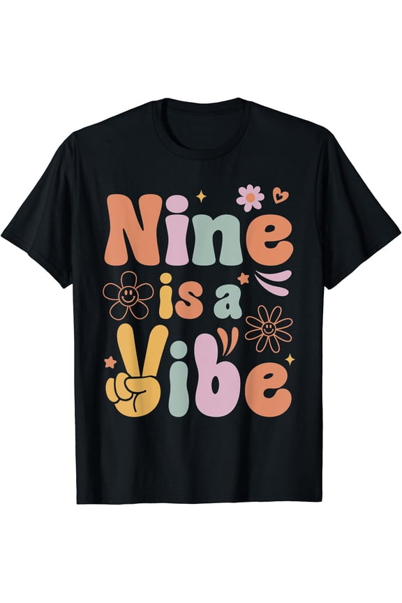 Ten Is A Vibe 9Th Birthday Groovy Boys Girls 9 Years Old T-Shirt