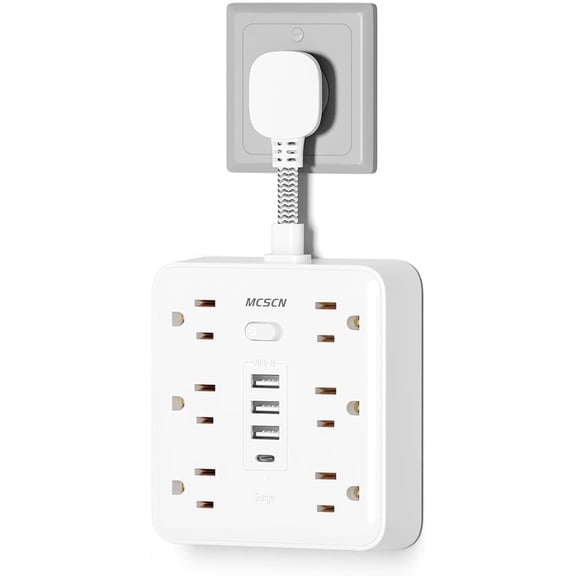 Portable Slim Flat Plug Surge Overload Protector Power Strip Wall Outlet with 6 AC Power Outlets 4 USB(1C) for Home Office Dorm Travel Essentials Fire and Reach 100-125V 15A 1875W UL