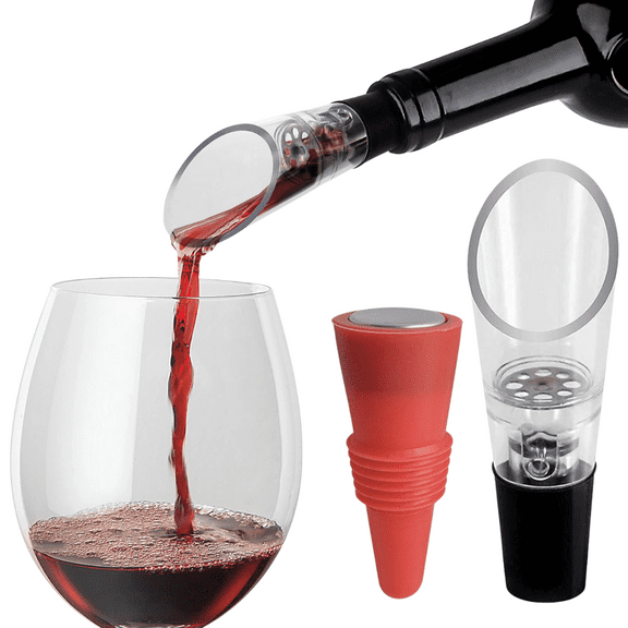 TenTen Labs Wine Aerator Pourer and Wine Stopper (2-pack) - Wine Saver - Wine Aerator and Re-corker - Gift Box Included (Red)