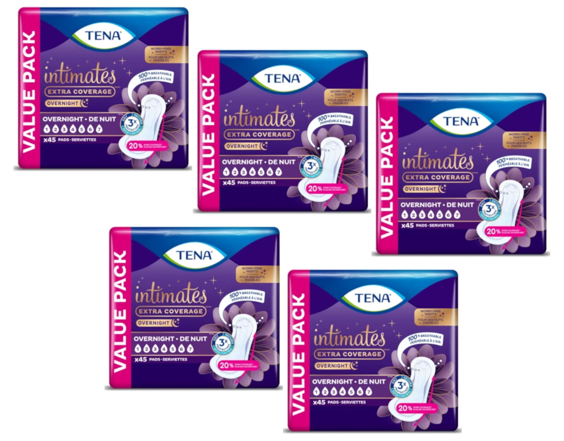 Tena Intimates Extra Coverage Overnight Incontinence Pads, 45 Count - Pack of 5