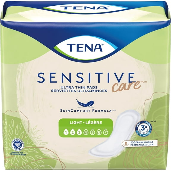 TENA Sensitive Care Ultra Thin Pads, Light Absorbency, SkinComfort Formula, 3X Protection with Odor Control, 100% Breathable, 30 Count (Pack of 6)