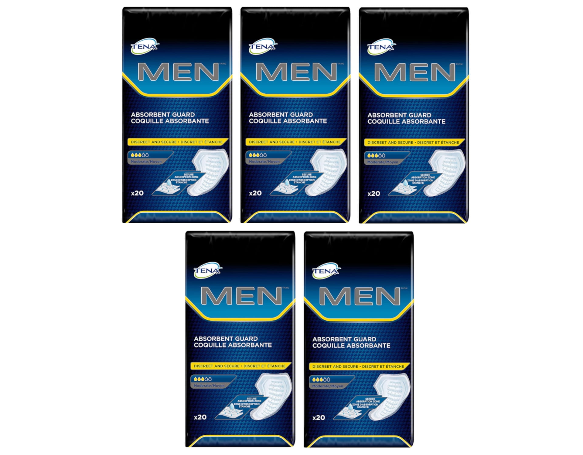 Tena Men Moderate Absorbent Guard Incontinence Pads, 20 Count - Pack of 5