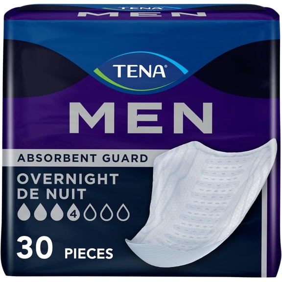 Tena Men Overnight Guards, Incontinence Pads for Men, 30 ct | Engineered to fit the male anatomy, these discreet, cup-shaped male guards help manage heavier bladder leaks, odor & wetness