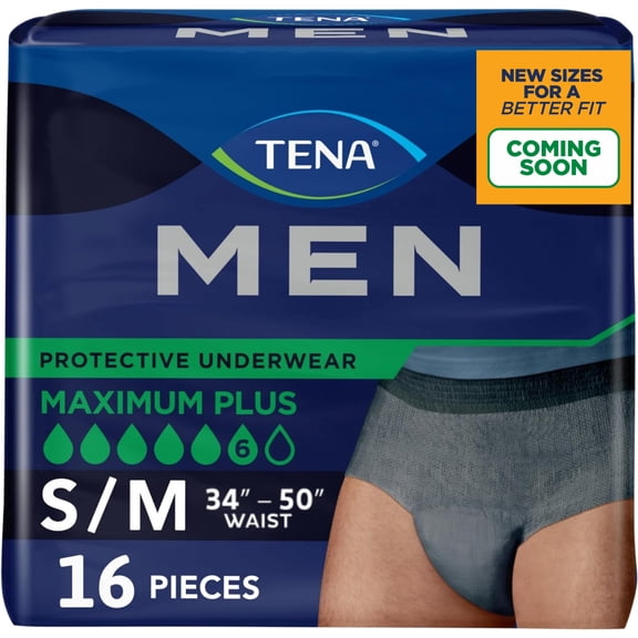 TENA Men Protective Underwear Maximum Plus, S/M, 16 count (Waist size 34in-50in)