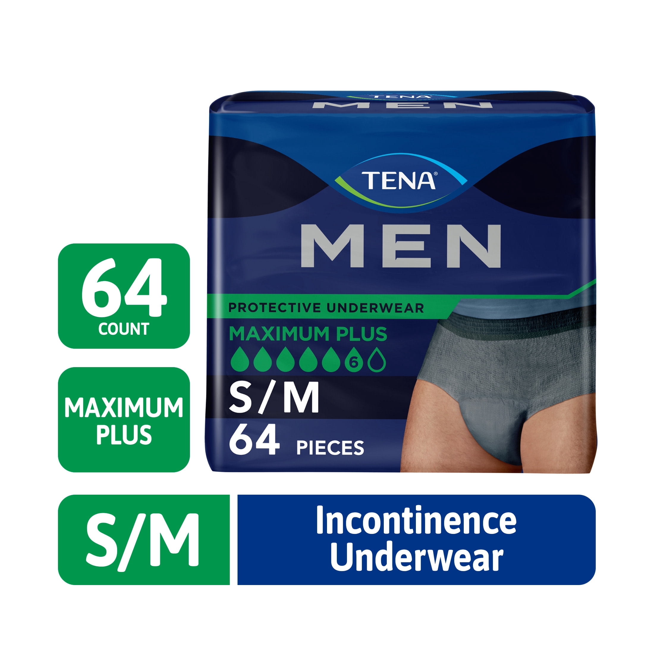 TENA Men Underwear Maximum Plus, S/M 64 Count (Waist size 34in-50in)