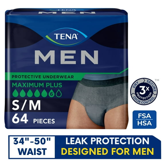 TENA Men Underwear Maximum Plus, S/M 64 Count (Waist size 34in-50in)