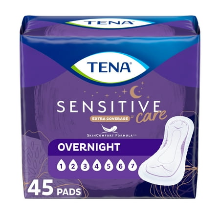 Tena Sensitive Care Extra Coverage Overnight Incontinence Pads, 45 Count